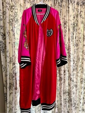 Dressed in LALA Pink & Red Satin Bomber Coat